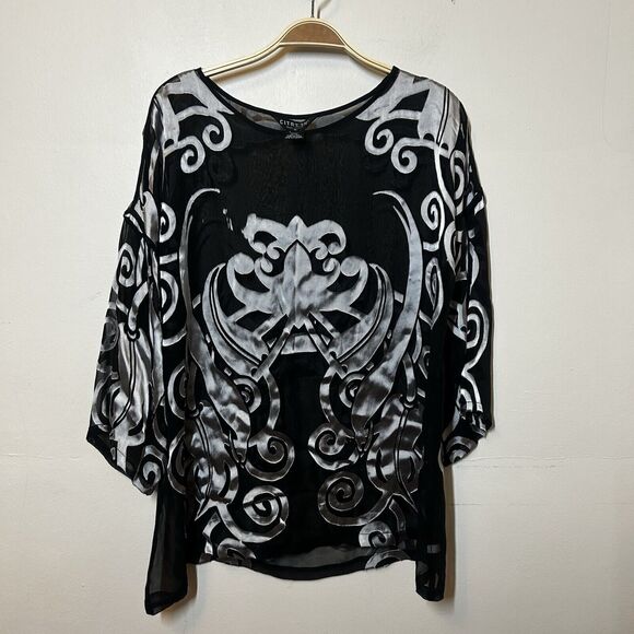 Citron Tops - Citron Santa Monica Top Shirt Blouse Printed Silk Black Silver Medium Goth Sheer